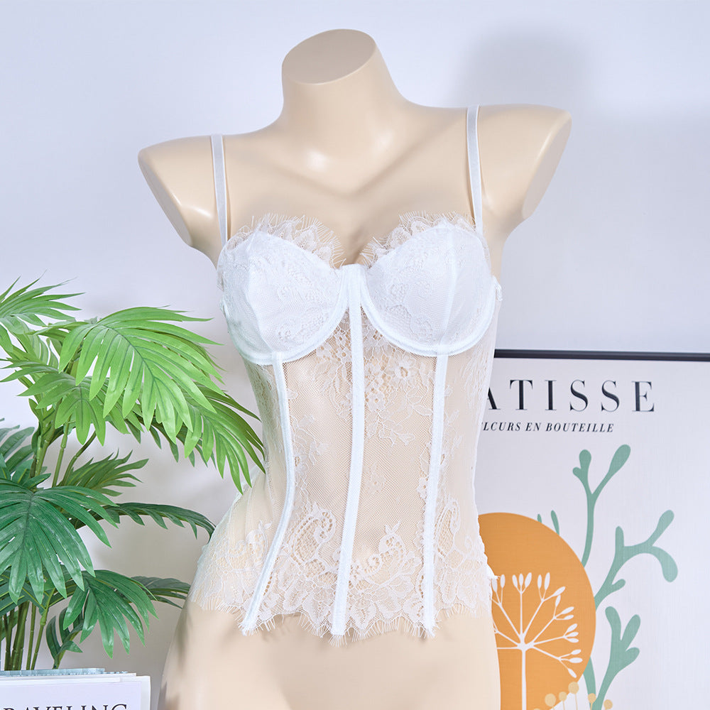 Seductive Sheer Lace Corset Bustier Lingerie with Eyelash Trim