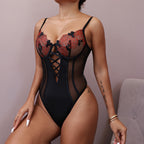 Provocative Sheer Mesh Teddy with Floral Embroidery And Open Back