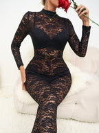 Floral Lace Mock Neck Full-Length Bodysuit