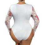 Plus Size Floral Print Lace Corset Bodysuit with Long Sleeves