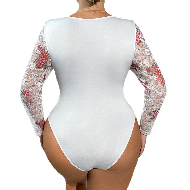 Plus Size Floral Print Lace Corset Bodysuit with Long Sleeves