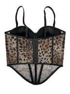 Leopard Print Mesh Corset Bustier with Rhinestone Trim