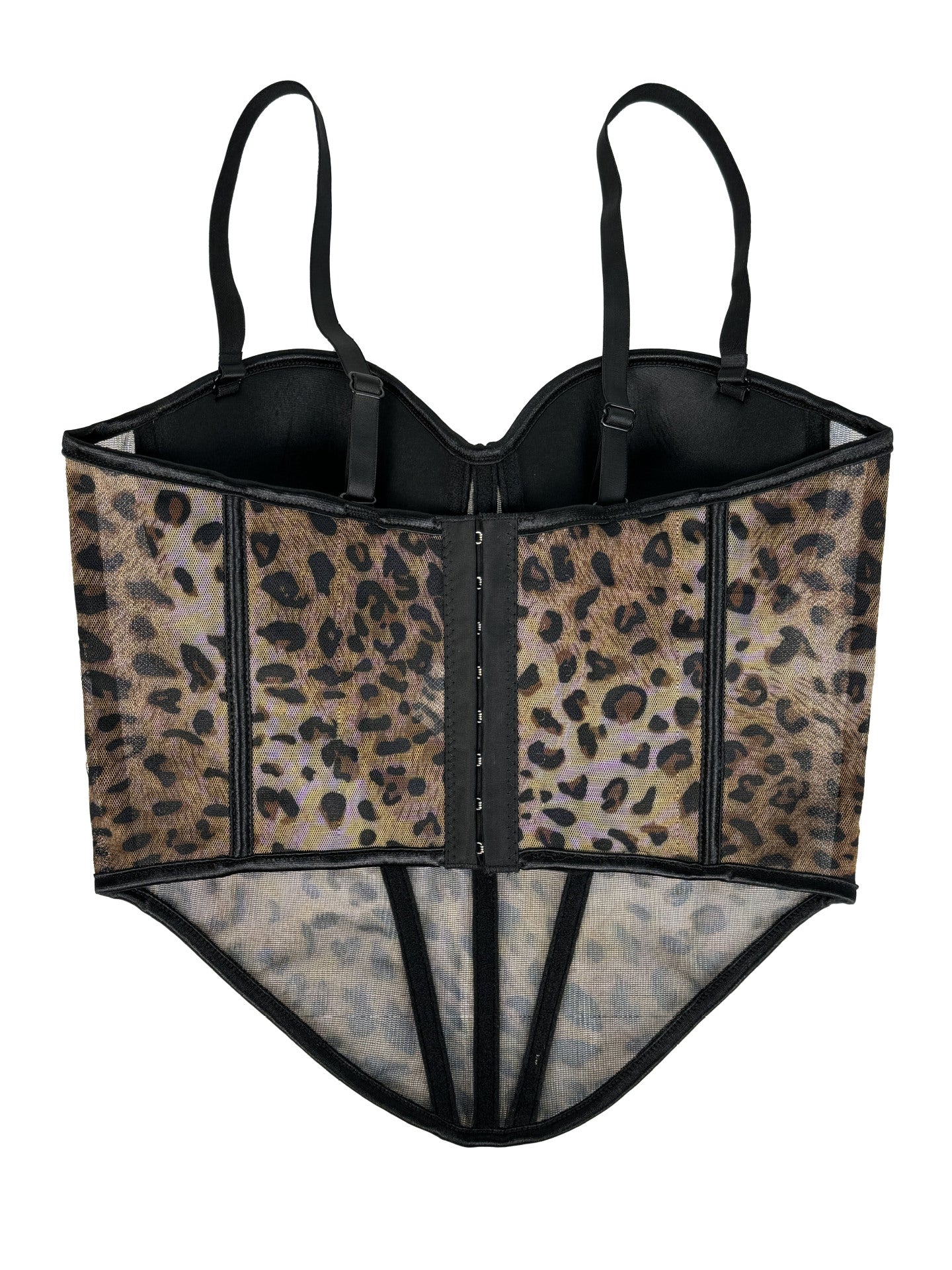 Leopard Print Mesh Corset Bustier with Rhinestone Trim