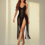 Women's Leopard Lingerie Lace Babydoll Chemise High Slit Mesh Slip Nightgown Thong