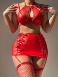 Faux Leather Lace-Up Lingerie Set with Garter Straps