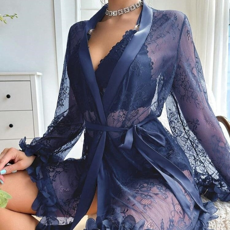 Floral Lace Sheer Robe & Lingerie Set with Satin Trim