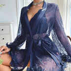 Floral Lace Sheer Robe & Lingerie Set with Satin Trim