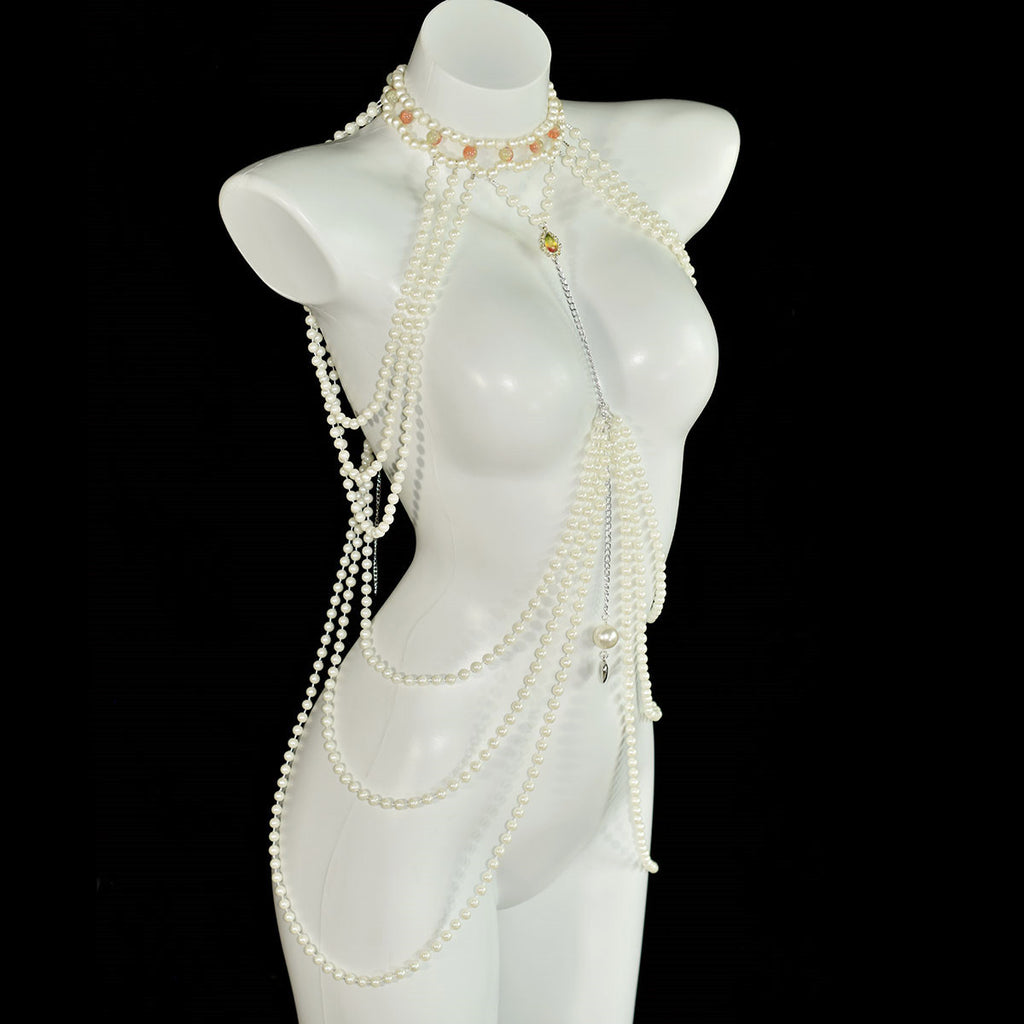 Classic Long Faux Pearl Dress with Heart Pendant and Crystal Accent Women's Party Banquet Body Chain