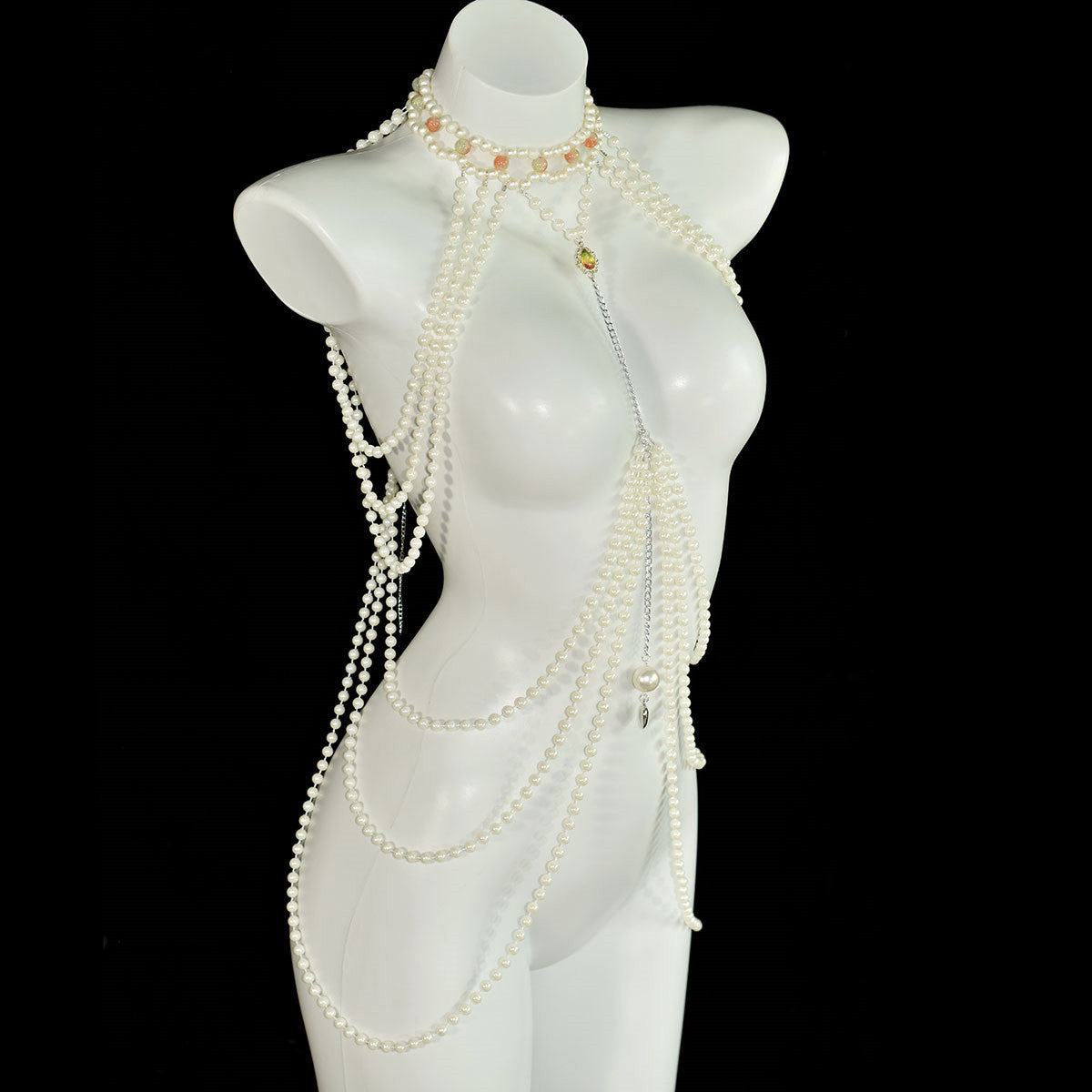 Classic Long Faux Pearl Dress with Heart Pendant and Crystal Accent Women's Party Banquet Body Chain