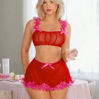 Ruffle Trim Sheer Mesh Lingerie Set
