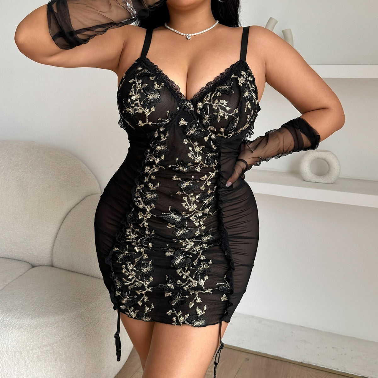 Floral Embroidered Ruched Mesh Chemise with Garter Straps