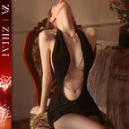 Sexy Lingerie, Sultry Minimalist Uniform Style, Nightclub-Inspired Hip-Hugging Skirt, Chain Detail, Halter Neck Sheer Outfit