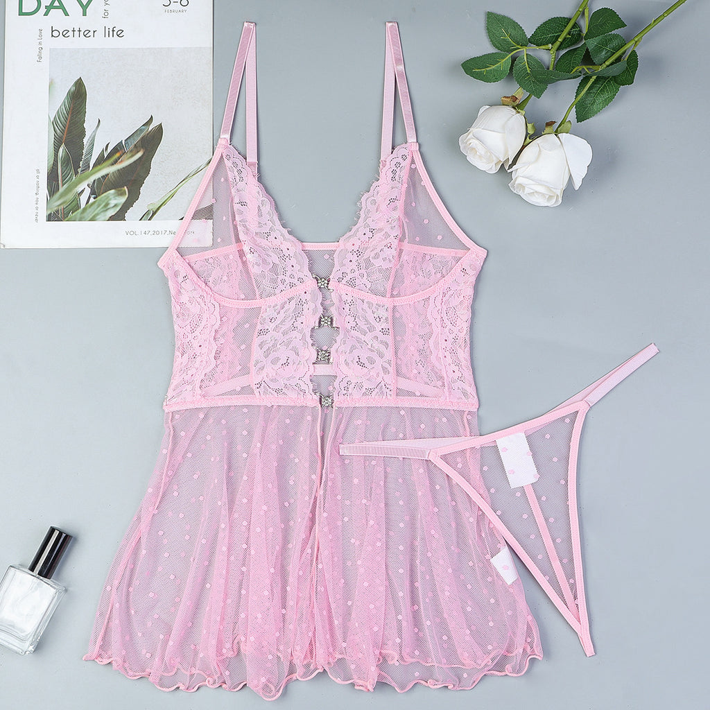 Sweetheart Neckline Lace Trim Mesh Lingerie Dress with Split Hem