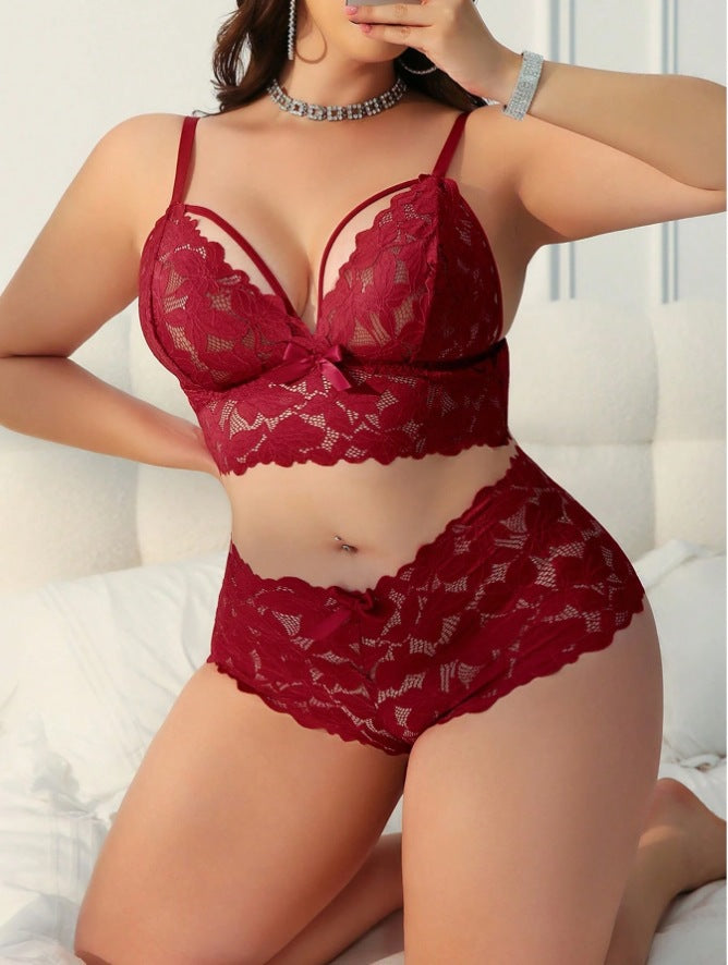 Lace Slim-Fit Bra Set Sheer Sleepwear Lingerie Plus Size
