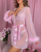 Heart Lace Lingerie Set with Feather Trim Robe