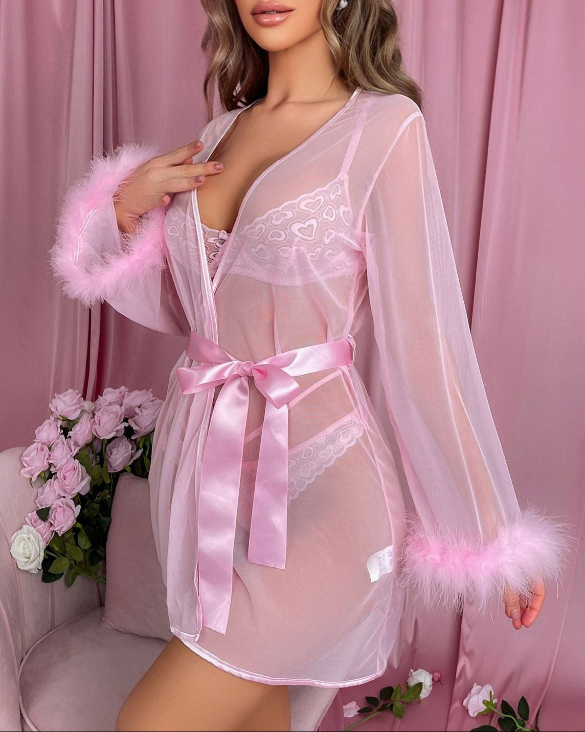 Heart Lace Lingerie Set with Feather Trim Robe