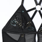 Mesh Criss‑Cross Ruffled Bodysuit