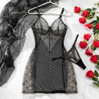 Floral Lace Polka‑Dot Sheer Mesh Chemise Set