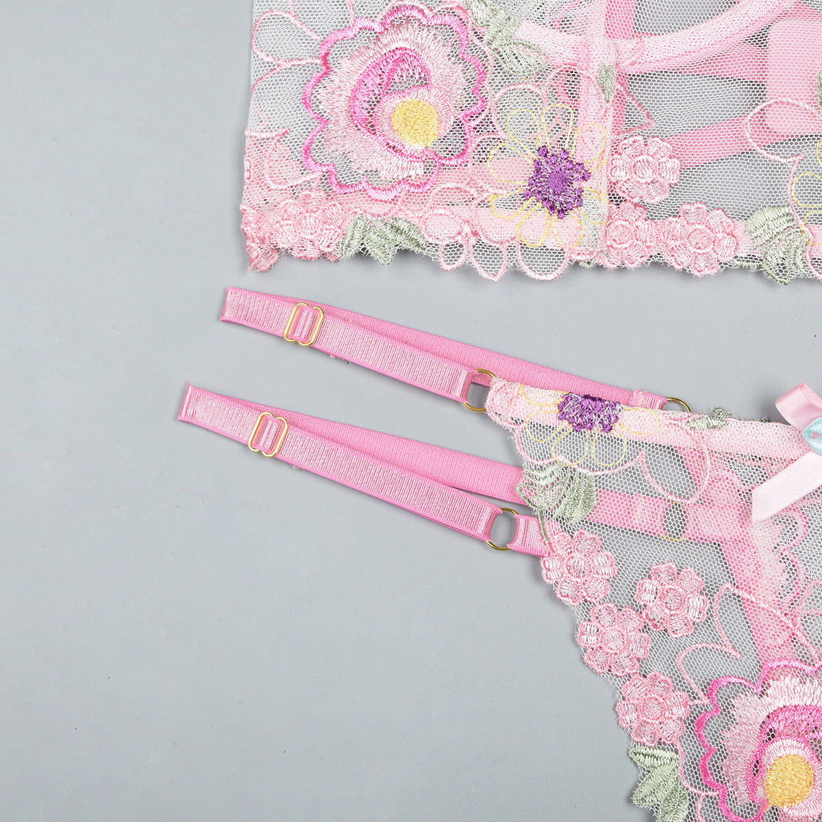 Floral‑Applique Lace  Back Intimate Lingerie Set