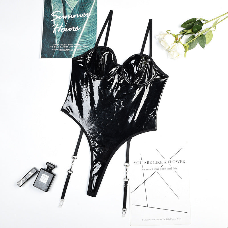 Seductive Patent Leather Corset-Style Garter Lingerie