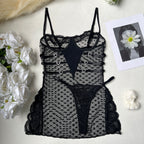 Heart Dot Mesh Lace Heart Decor Deep V Babydoll Night Dress