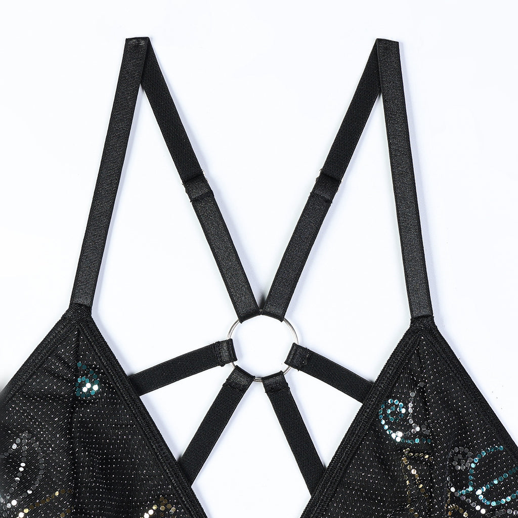 Mesh Criss‑Cross Ruffled Bodysuit