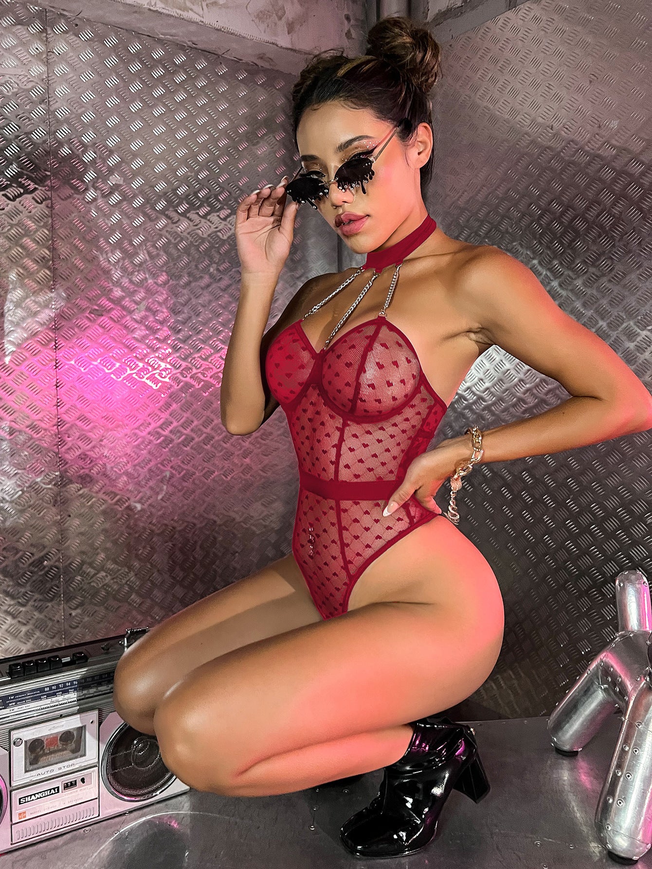 Fashion Metal Chain See-Through Halter Back Hollow Bodysuit