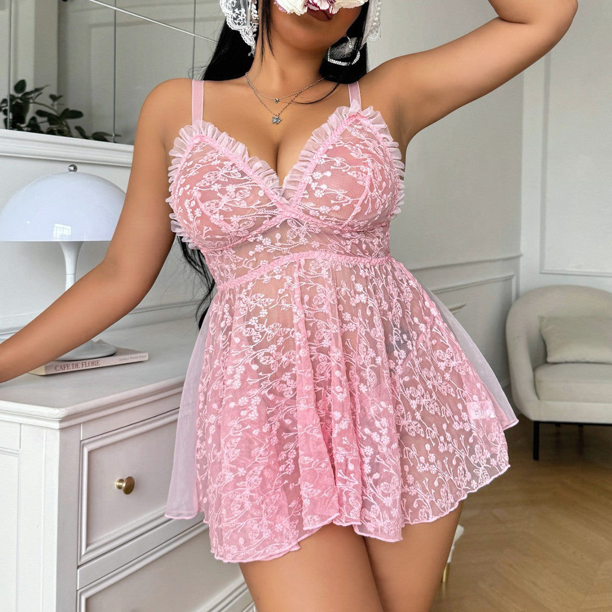 Floral Embroidered Tulle Babydoll with Ruffle Trim & Back Lace-Up