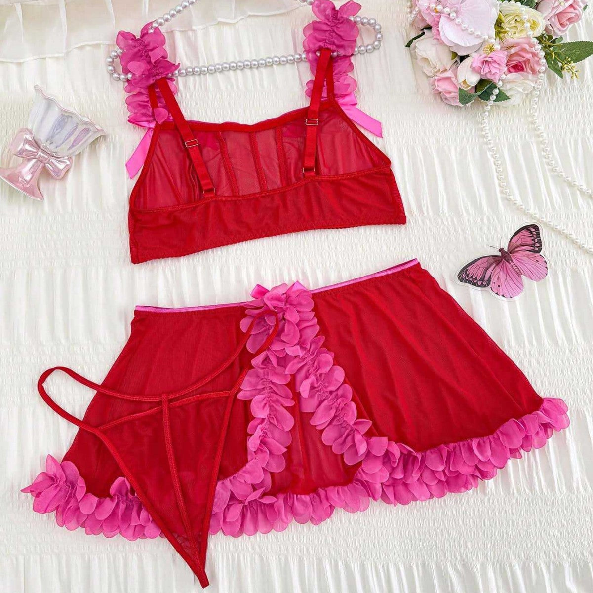 Plus Size Ruffle Trim Sheer Mesh Lingerie Set with Bow Detail