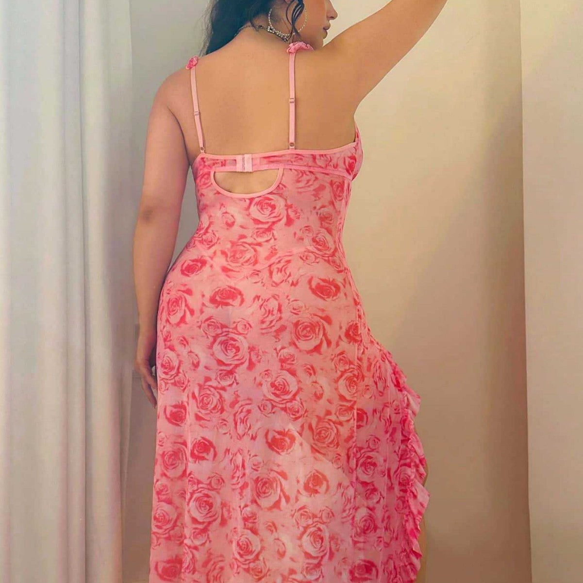 Floral Print Underwire Maxi Lingerie Dress with Ruffle Slit