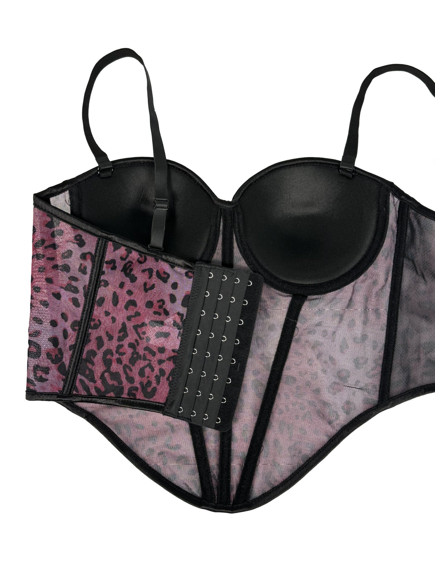 Leopard Print Mesh Corset Bustier with Rhinestone Trim