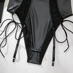 Patent Faux‑Leather Lace‑Up Mesh‑Sleeve Teddy Bodysuit