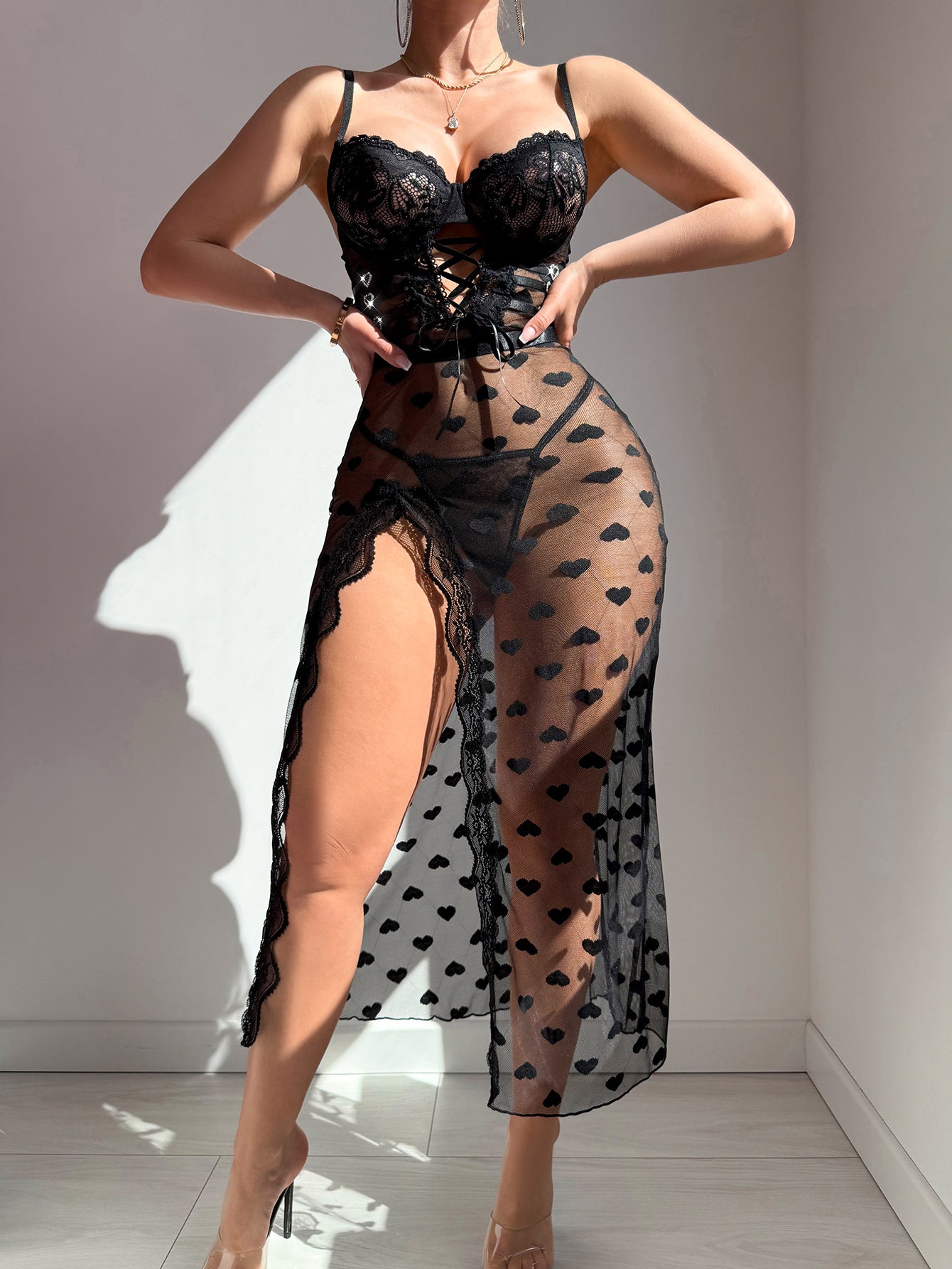 Heart Print Sheer Mesh Corset Maxi Dress