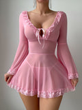 Lace Trim Sheer Mesh Babydoll Lingerie Dress with Flare Sleeves