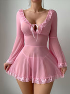 Lace Trim Sheer Mesh Babydoll Lingerie Dress with Flare Sleeves
