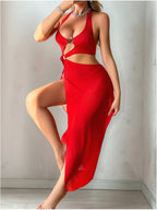 Halter O‑Ring Cut‑Out High‑Slit Mesh Maxi Lingerie Dress