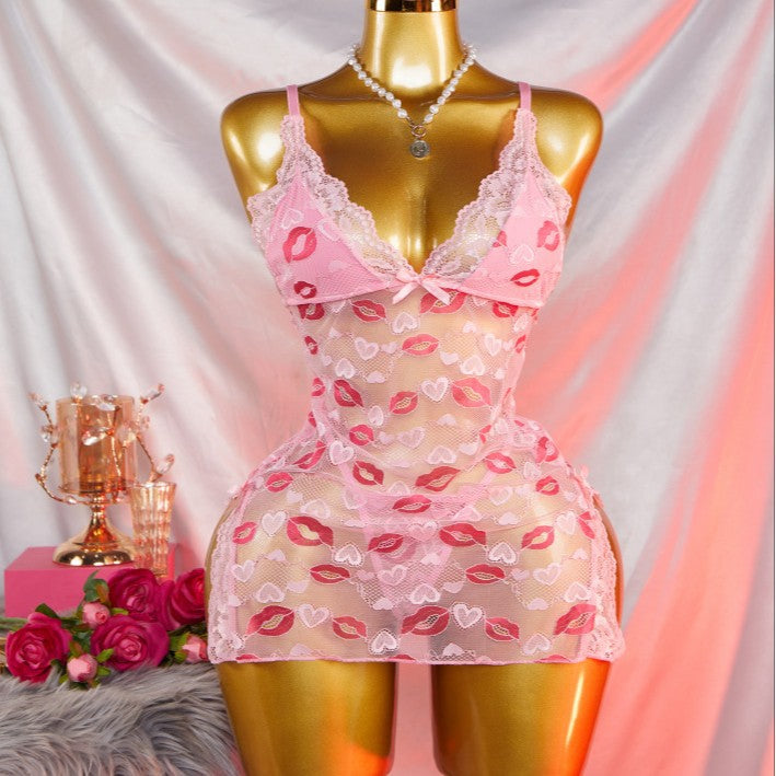 Seductive Lace Trim Sheer Mesh Nightie with Side Slits