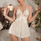 Floral Lace Appliqué Sheer Mesh Babydoll Lingerie