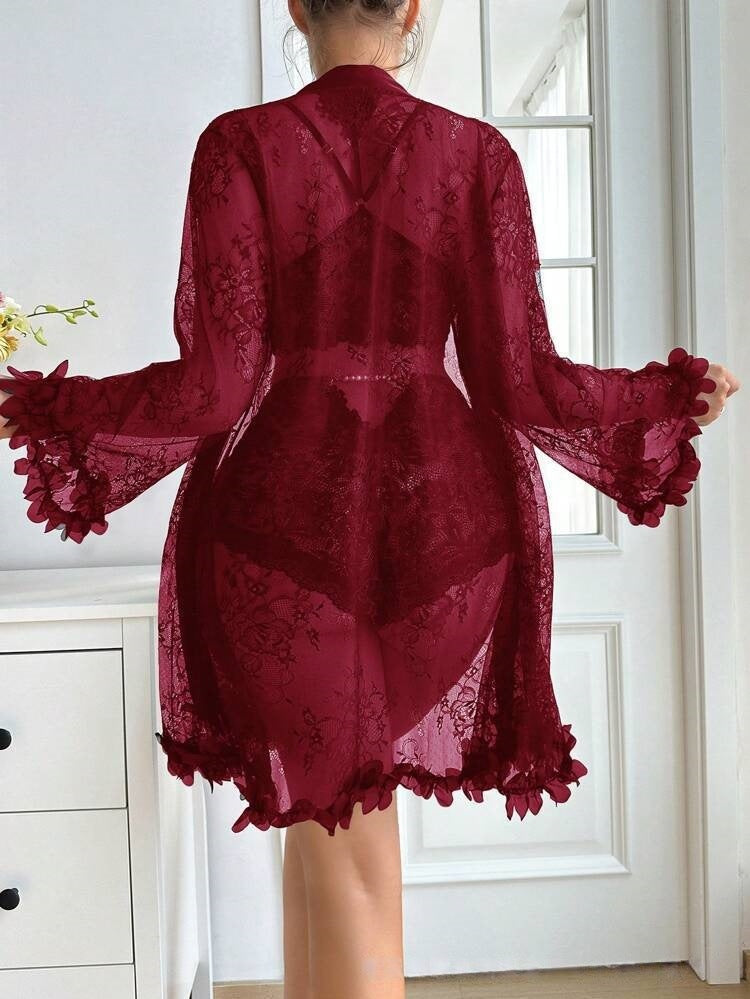 Floral Lace Sheer Robe & Lingerie Set with Satin Trim