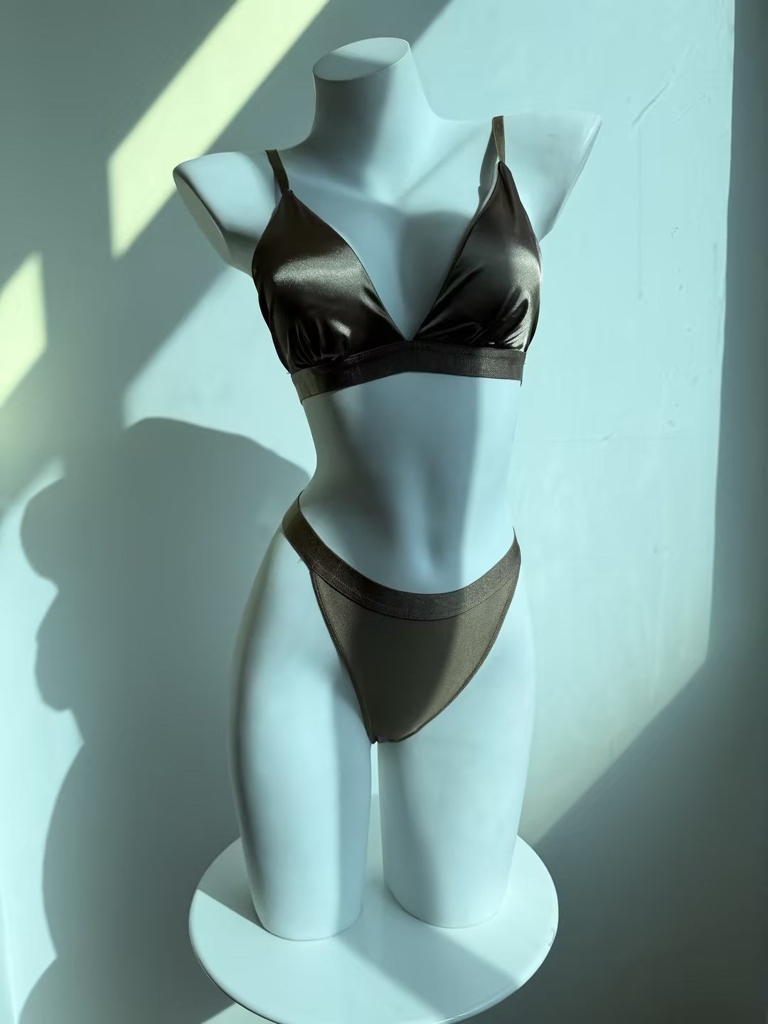 Satin Triangle Bralette And Lace High-Waist Thong Lingerie Set