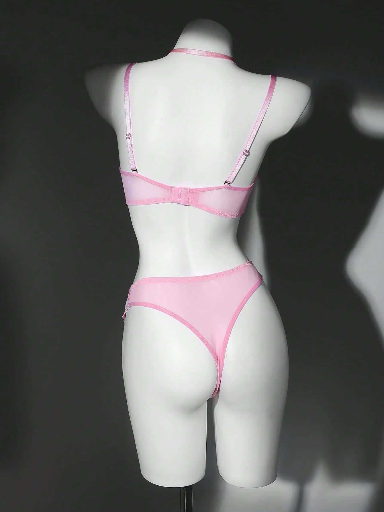 Kiss Print Lace Halter Lingerie Set with Choker And Heart Rhinestone Detail