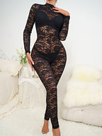 Floral Lace Mock Neck Full-Length Bodysuit