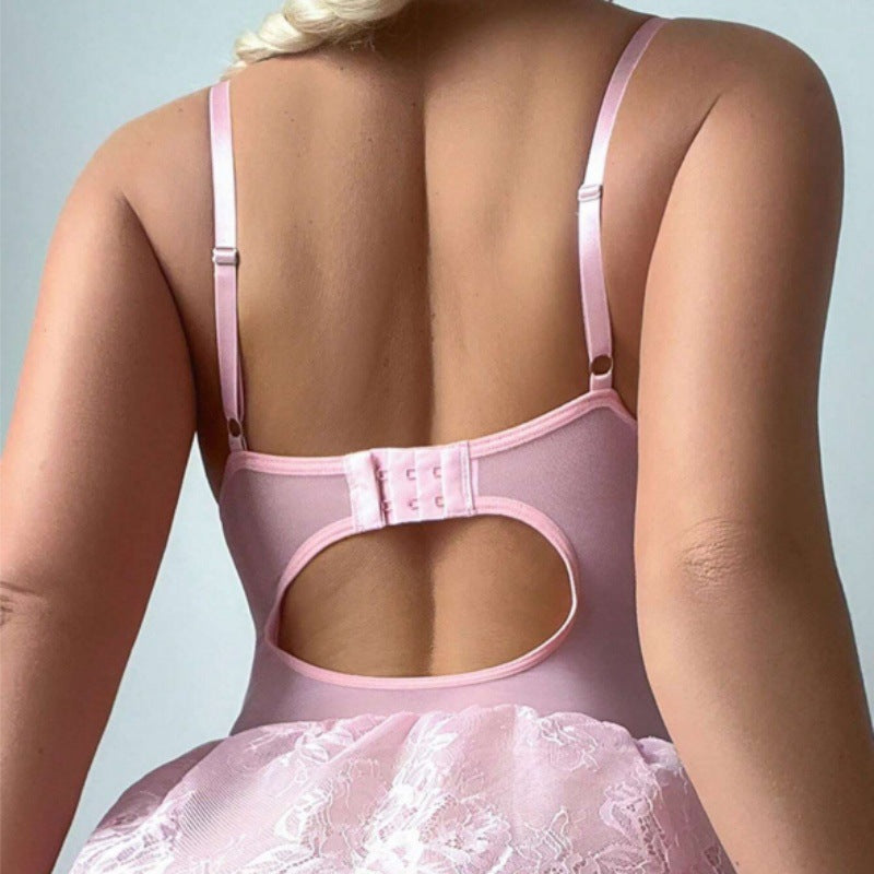 Bow Accent Ruffle Lace Lingerie Dress