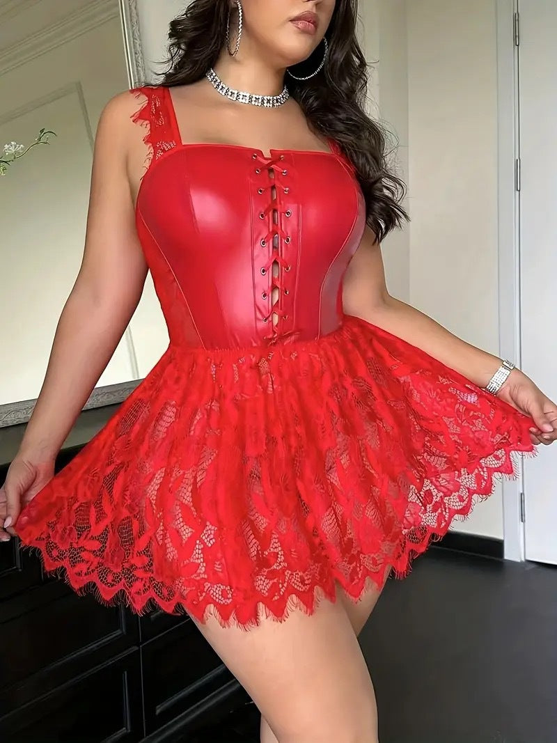 Faux Leather Sheer Lace Lingerie Dress with Flared Skirt
