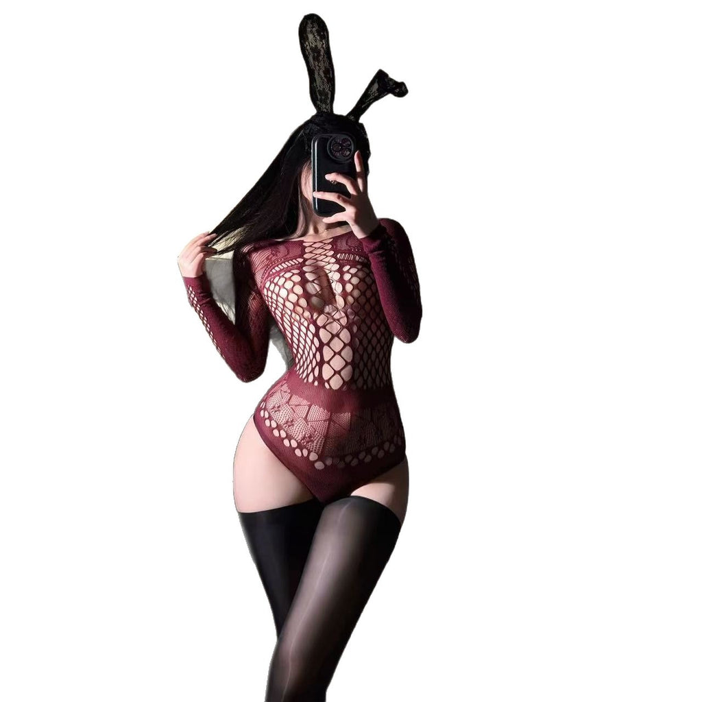 Sexy Hot Girl Cutout Rip-Away Fishnet Bodystocking Set with Sheer Open-Bust