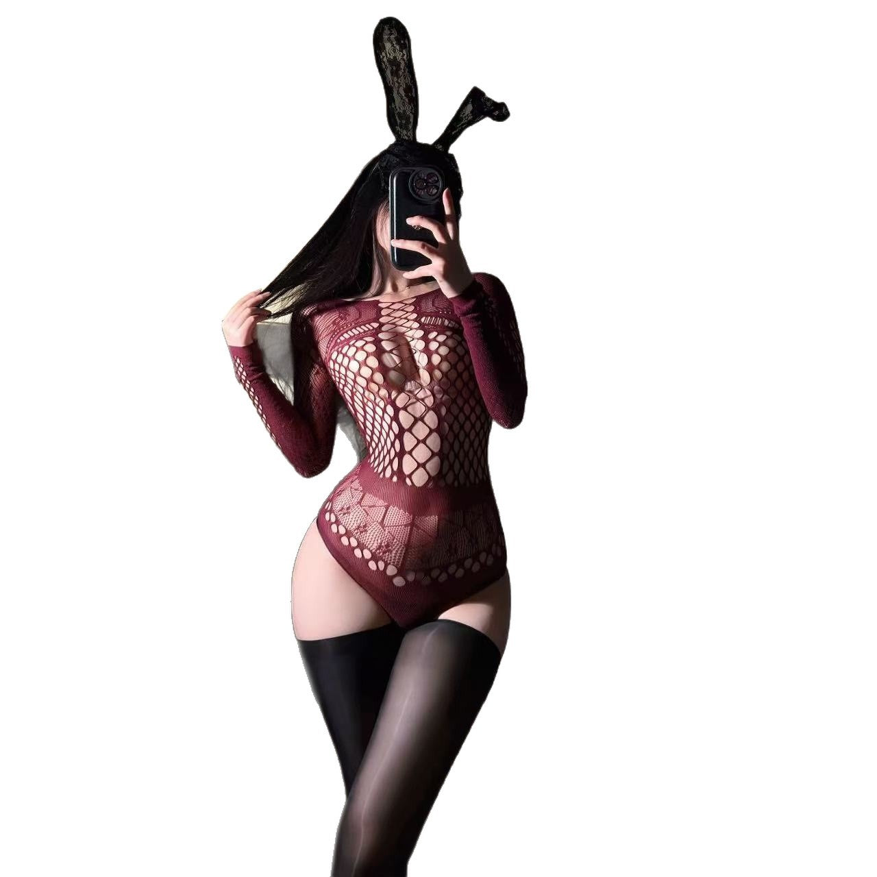 Sexy Hot Girl Cutout Rip-Away Fishnet Bodystocking Set with Sheer Open-Bust