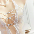 Deep‑V Lace‑Up Sheer Bodysuit with Halter