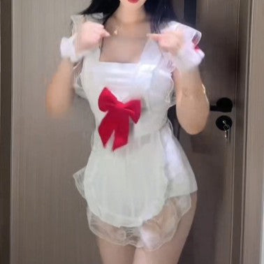 Bowknot Pure Desire Maid Backless Apron Set, Pull-Off Uniform Lingerie, Small Bust Sleepwear, Backless Flirty Lingerie
