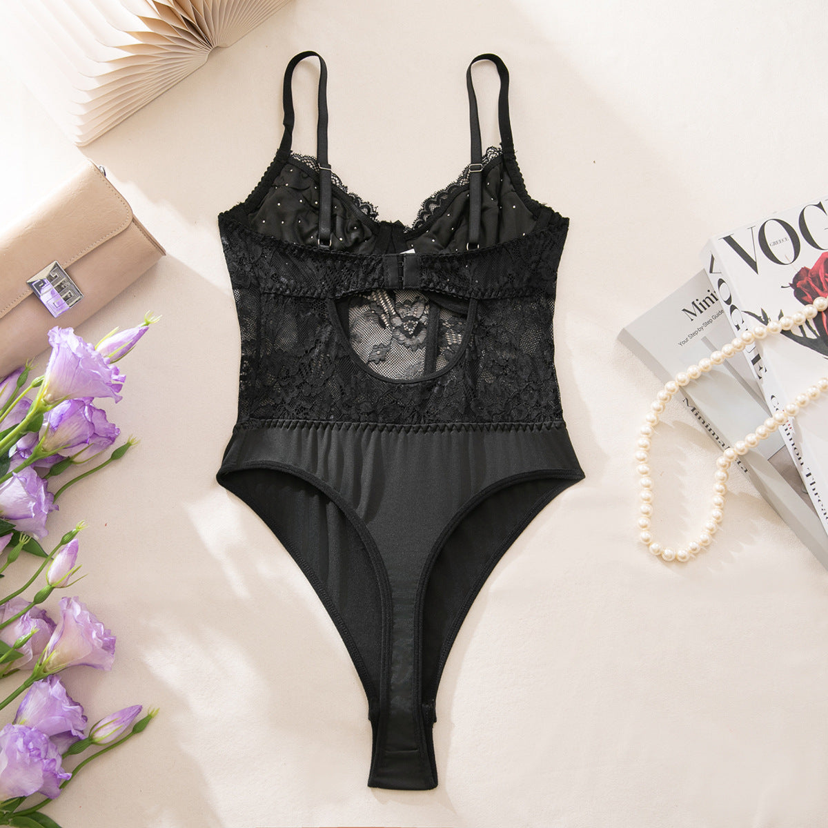 Pearl‑Embellished Floral Lace Open‑Back Teddy Bodysuit