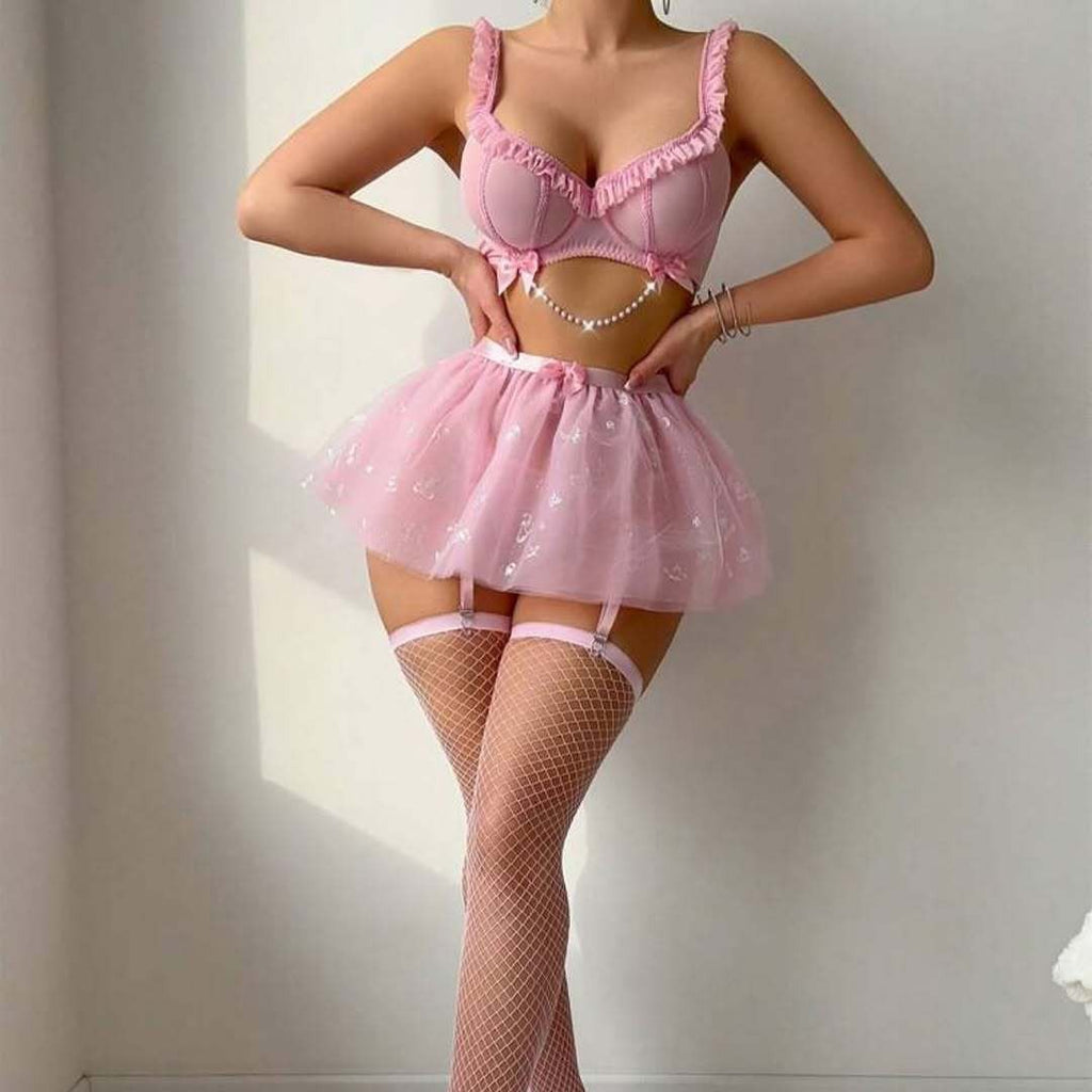 Ruffle Trim Lingerie Set with Pearl Chain And Butterfly Tulle Skirt